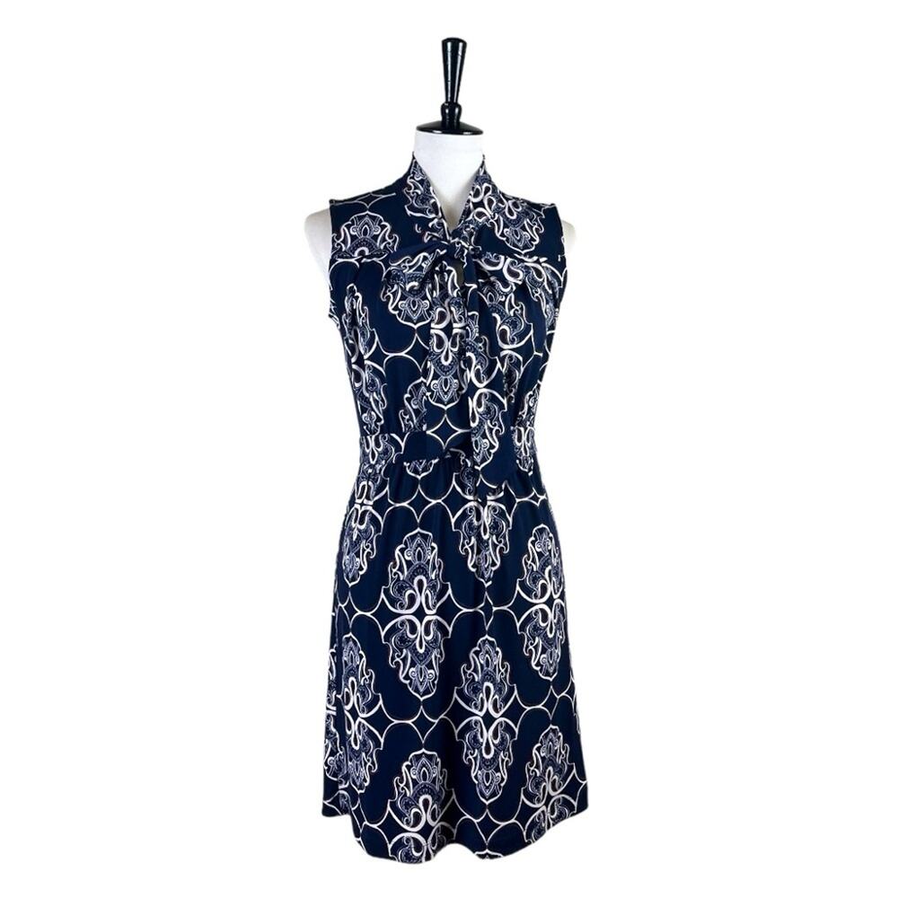 Banana Republic Dress A-line Tie Neck Navy Blue White Print Women’s Size XS